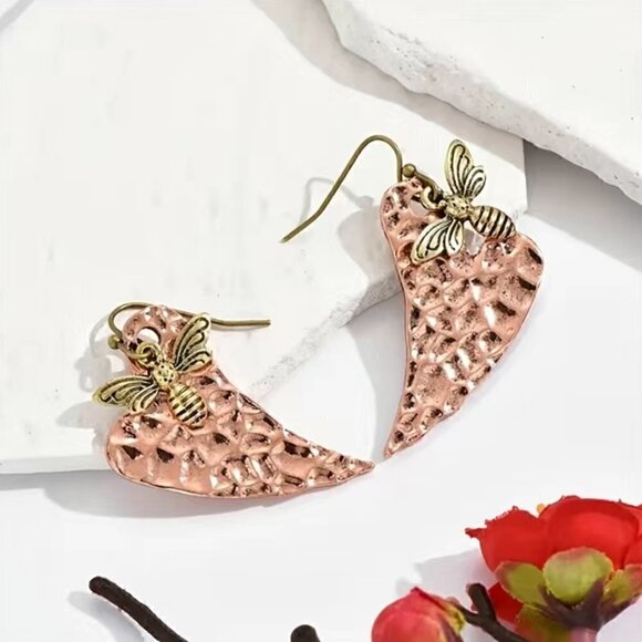 Boho Layered Heart and Bee Earrings - Multicolor Metal Hammered Copper #1110 - Picture 6 of 7